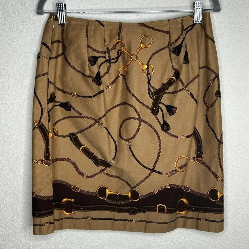 Talbots Petites Skirt Womens 10P Tan Equestrian Horse Bit Print Cotton Made USA